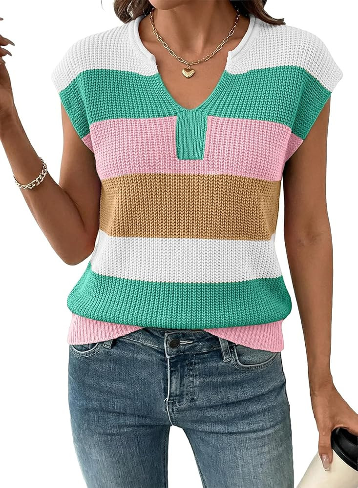 SHEWIN Womens Tops V Neck Short Sleeve Sweater Striped Color Block Pullover Cap Sleeve Shirts | Amazon (US)