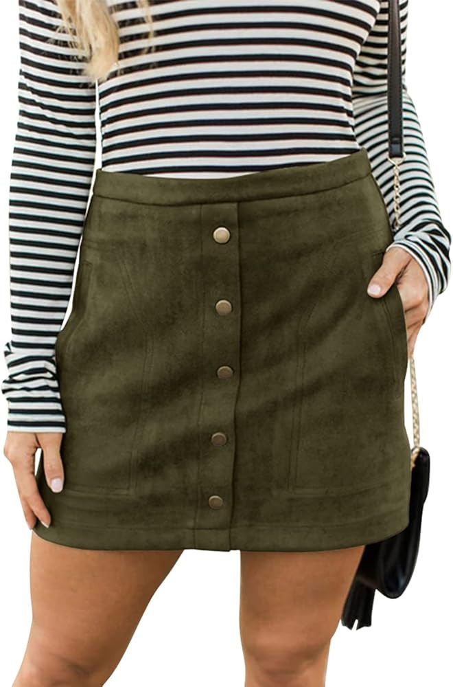 Meyeeka Women's Button Front Faux Suede High Waist A-line Mini Skirt with Pocket | Amazon (US)