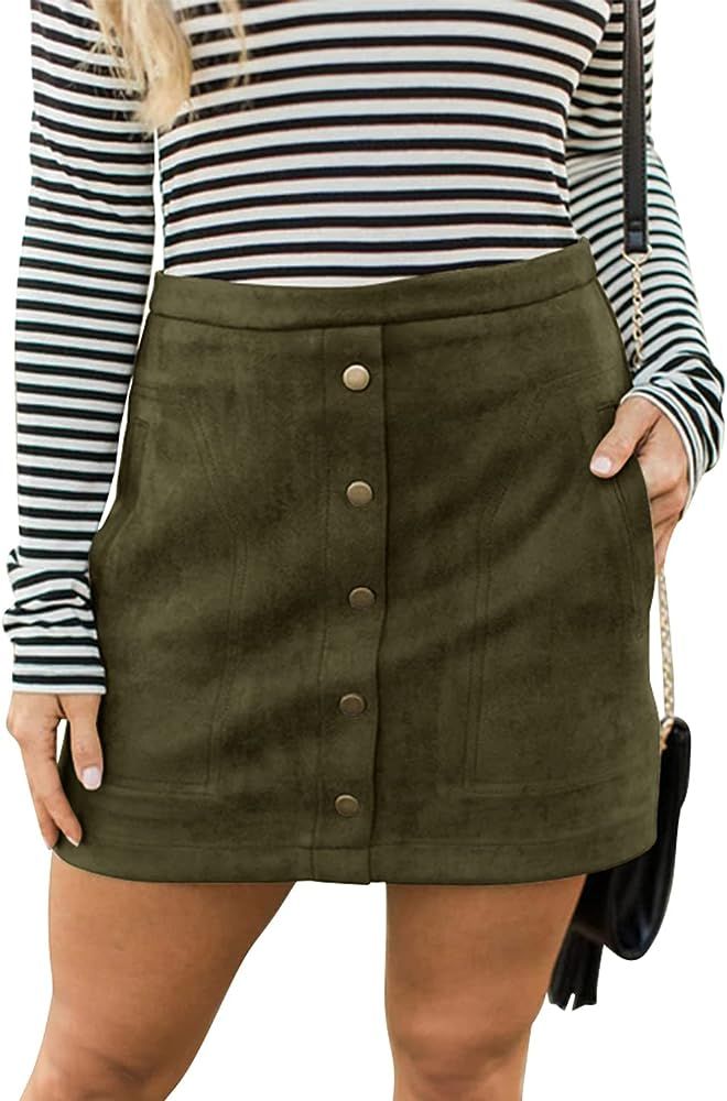 Meyeeka Women's Button Front Faux Suede High Waist A-line Mini Skirt with Pocket | Amazon (US)