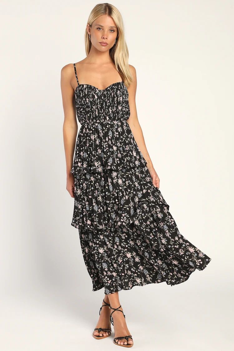 Cascading Crush Black Floral Print Tiered Bustier Midi Dress | Lulus