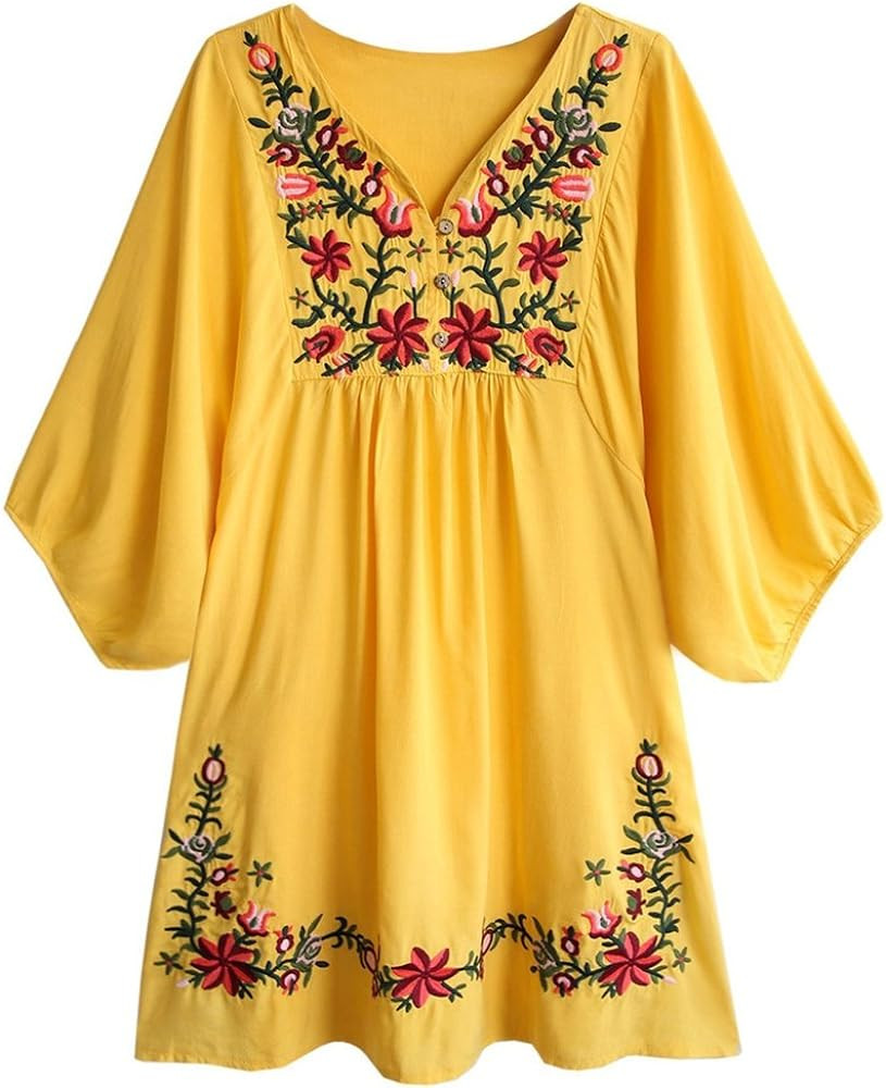 Kafeimali Summer Dress V Neck Mexican Embroidered Peasant Women's Dressy Tops Blouses | Amazon (US)