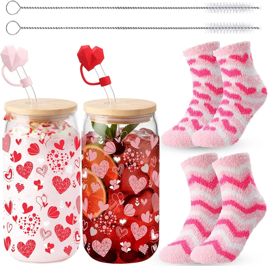 Sliner 2 Set Valentines Day Gifts 16 oz Galentines Heart Glass Cups with Coral Fleece Socks, Vale... | Amazon (US)