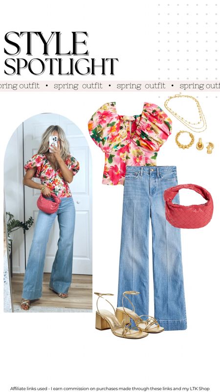 Spring outfit styling a floral top and wide leg jeans 