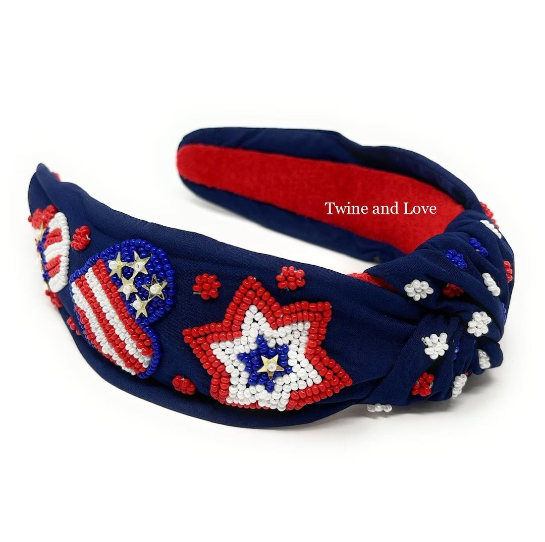 Hand Beaded Fourth of July Headband USA Knot Headband - Etsy | Etsy (US)
