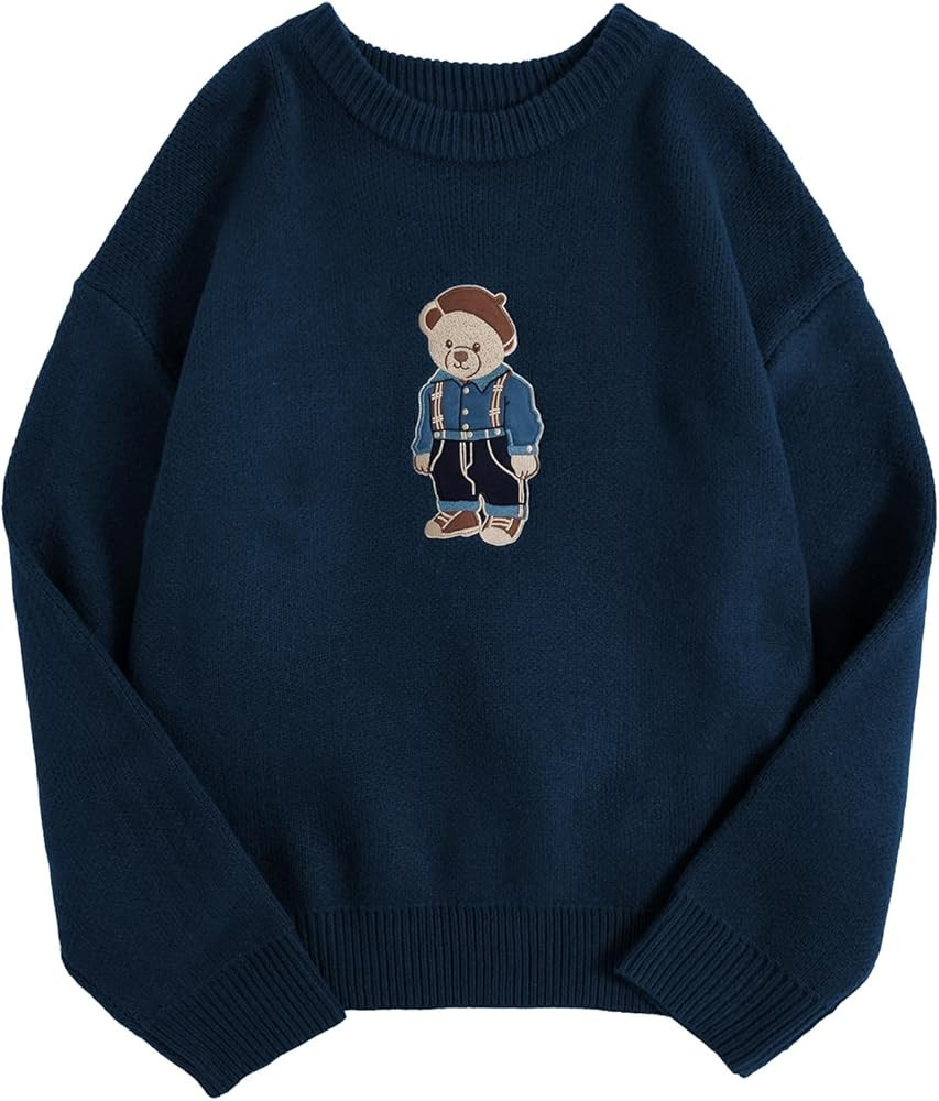SHENHE Men's Oversized Crew Neck Cute Bear Sweater Vintage Unisex Preppy Graphic Sweater Jumper | Amazon (US)