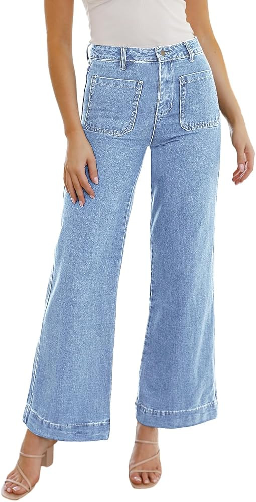 Fisoew Women's Cropped Capris Jeans High Waisted Baggy Denim Pants with Front Pockets | Amazon (US)