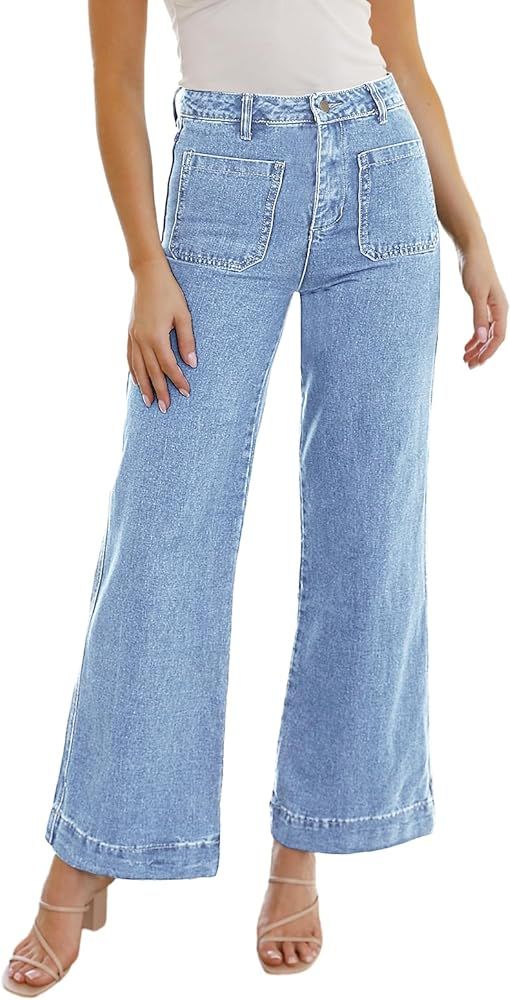 Fisoew Women's Cropped Capris Jeans High Waisted Baggy Denim Pants with Front Pockets | Amazon (US)