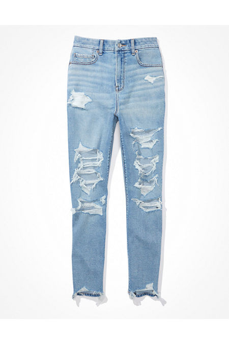 AE Stretch Ripped Curvy Mom Jean Women's Salty Air 00 Regular | American Eagle Outfitters (US & CA)
