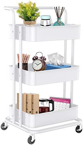 3 Tier Mesh Utility Cart, Rolling Metal Organization Cart with Handle and Lockable Wheels, Multif... | Amazon (US)