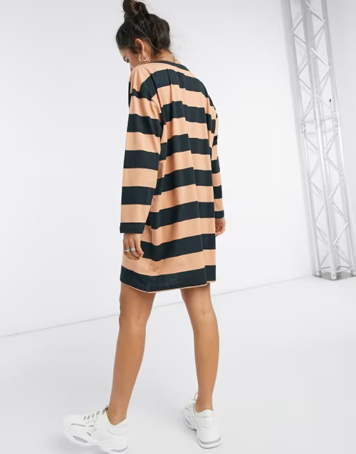 ASOS DESIGN oversized t-shirt dress with long sleeve in black and camel stripe | ASOS (Global)