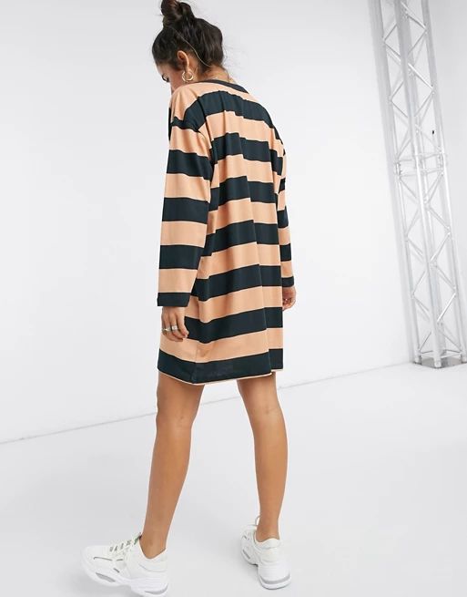 ASOS DESIGN oversized t-shirt dress with long sleeve in black and camel stripe | ASOS (Global)