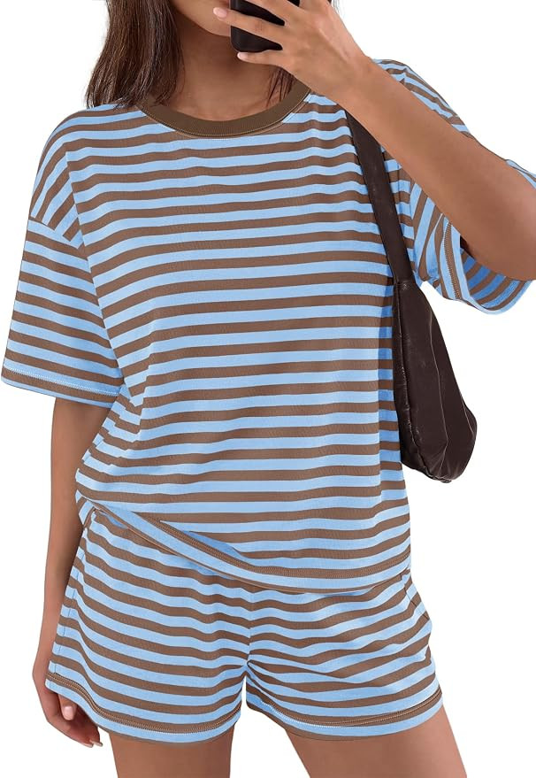 Panadila Womens Striped Short Sets 2 Piece Summer Matching Lounge Sets Short Sleeve T Shirts and ... | Amazon (US)