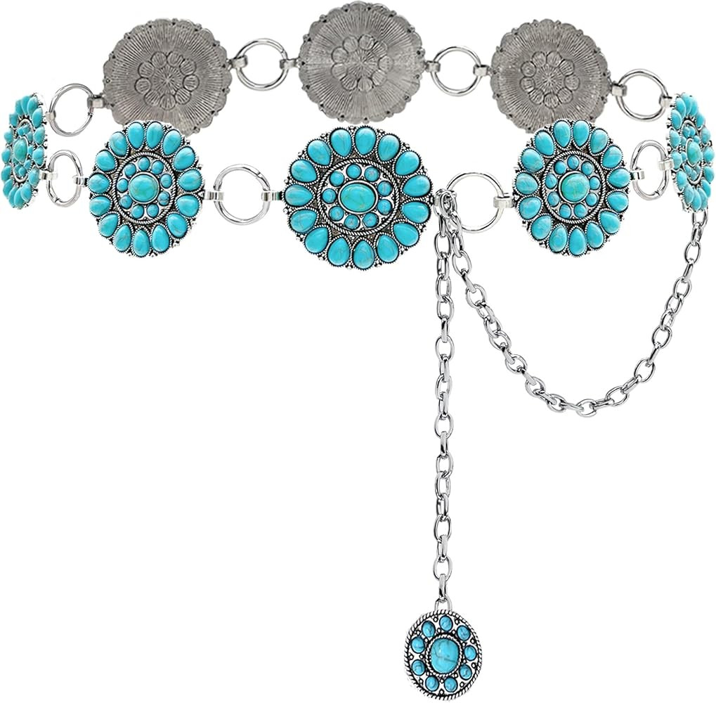 Boho Turquoise Concho Belt Silver Metal Western Turquoise Belts Waist Chain Belt for Women Dress | Amazon (US)
