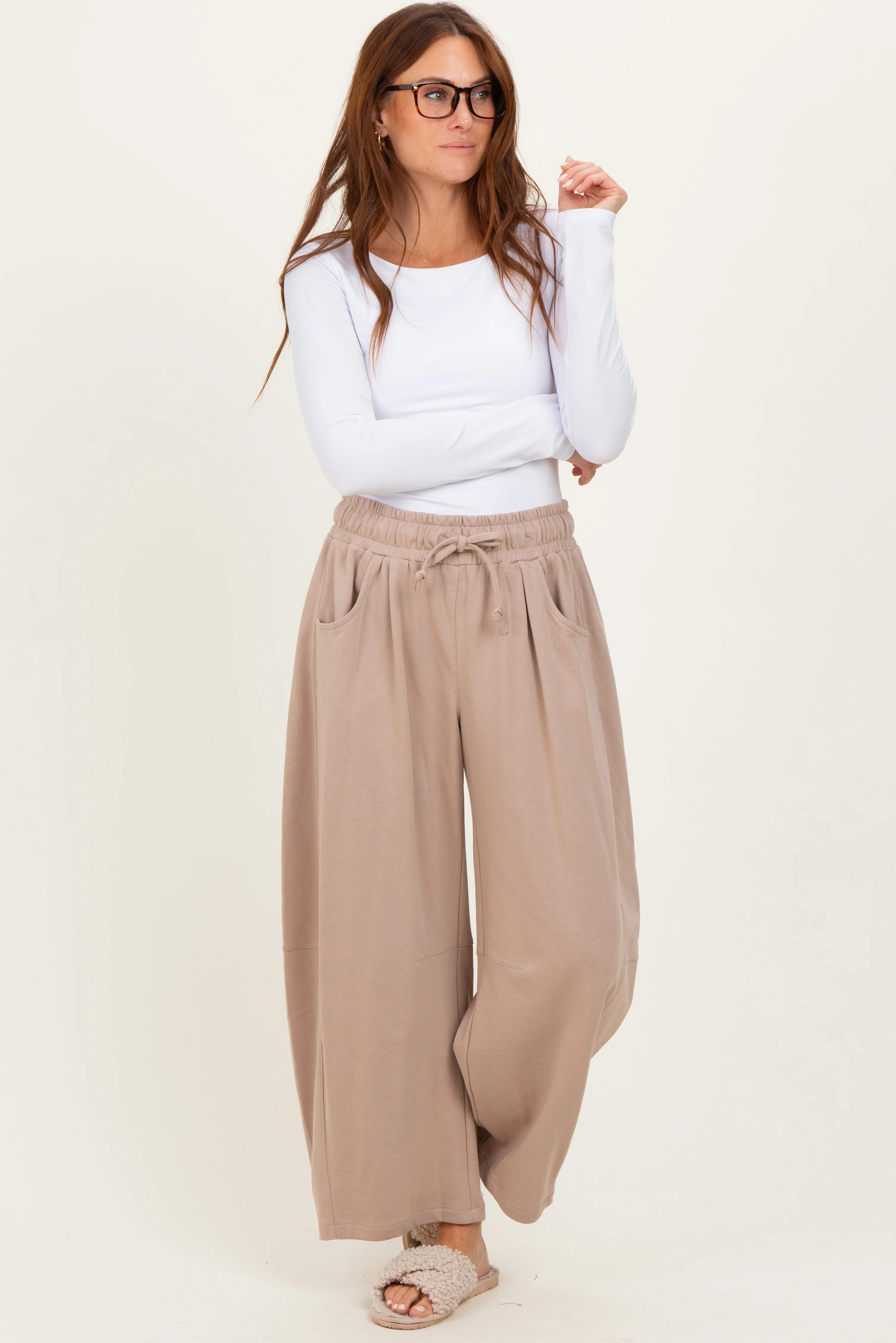 Taupe Barrel Leg Terry Sweatpants | PinkBlush Maternity