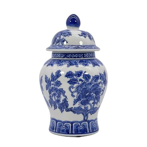 8" Ceramic Ginger Jar w/Lid - Classic Chinese Style Porcelain Jar Tea Storage for Home Decor Decorative Centerpiece Vintage Accent Antique Vase Jingdezhen (Blue & White Hibiscus) | Amazon (US)