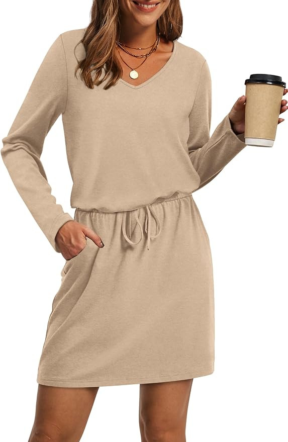 OFEEFAN Fall Dresses for Women 2025 Loose V Neck Long Sleeve T Shirts Casual Sundresses Tie Front... | Amazon (US)