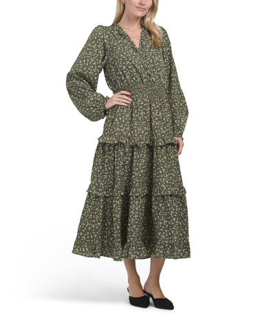 Ditsy Floral Ruffle Detailed Midi Dress With Pockets | TJ Maxx