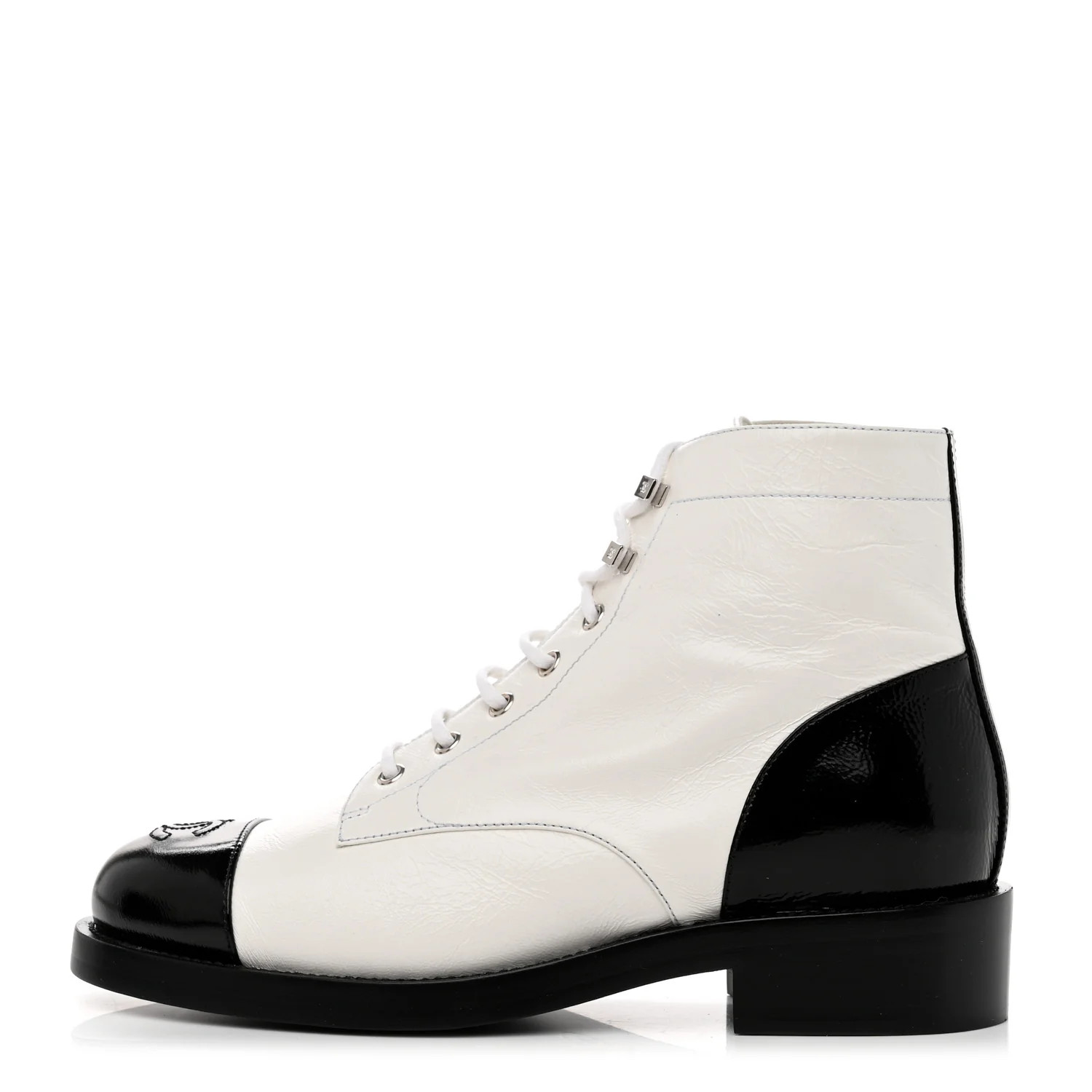 Distressed Patent Cap Toe Combat Boots 40 White Black | FASHIONPHILE (US)