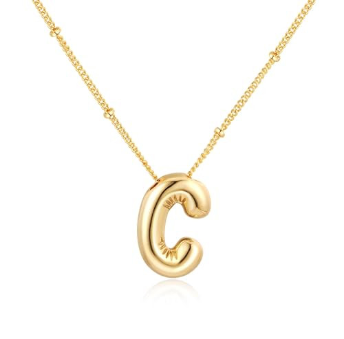 Bubble Letter Necklace for Women,14K Gold Plated Balloon Initial Necklace Dainty Charm Necklaces Puffy Alphabet Name Personalized A-Z Letter Pendant Jewelry for Mom (Gold-C, Gold Bubble Letter) | Amazon (US)