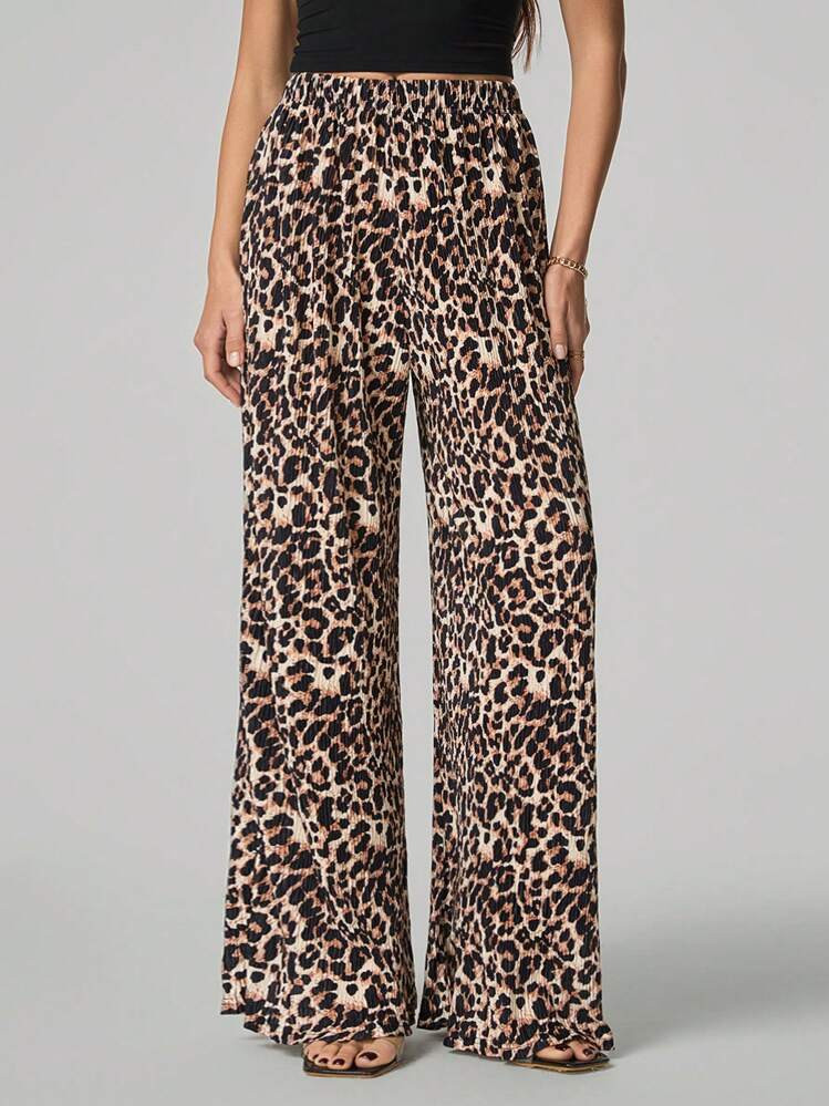 SHEIN Tall Modieuze Luipaardprint Broek Met Wijde Pijpen Voor Dames | SHEIN
