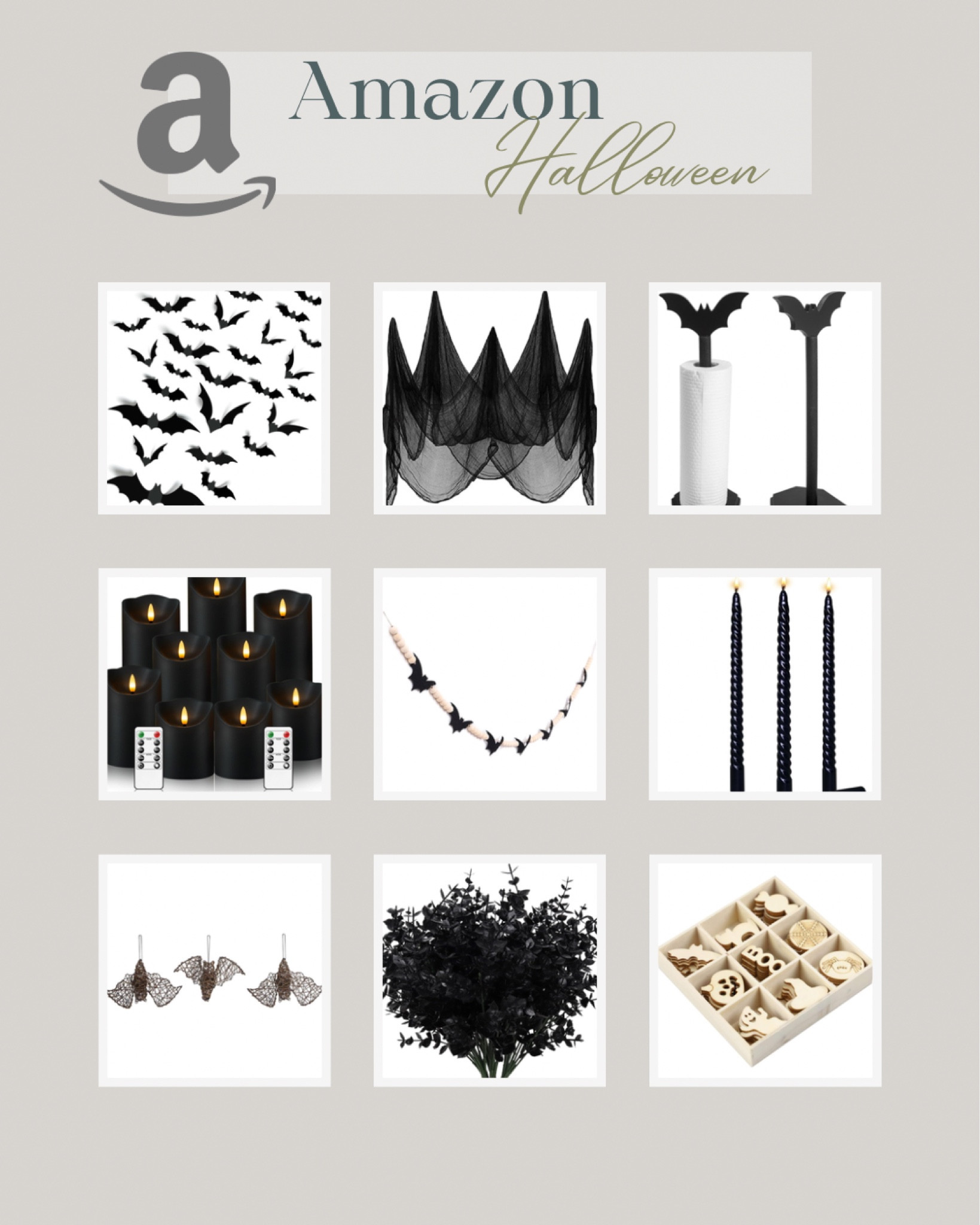 Amazon Halloween home decor! 

Halloween bats, black spider webbing, bat paper towel holder, black electric remote controlled candles. Halloween bat garland for the mantel or door, tapered candles, rattan bats, black faux greenery, wooden Halloween cut outs  

#LTKHome #LTKParties #LTKSeasonal