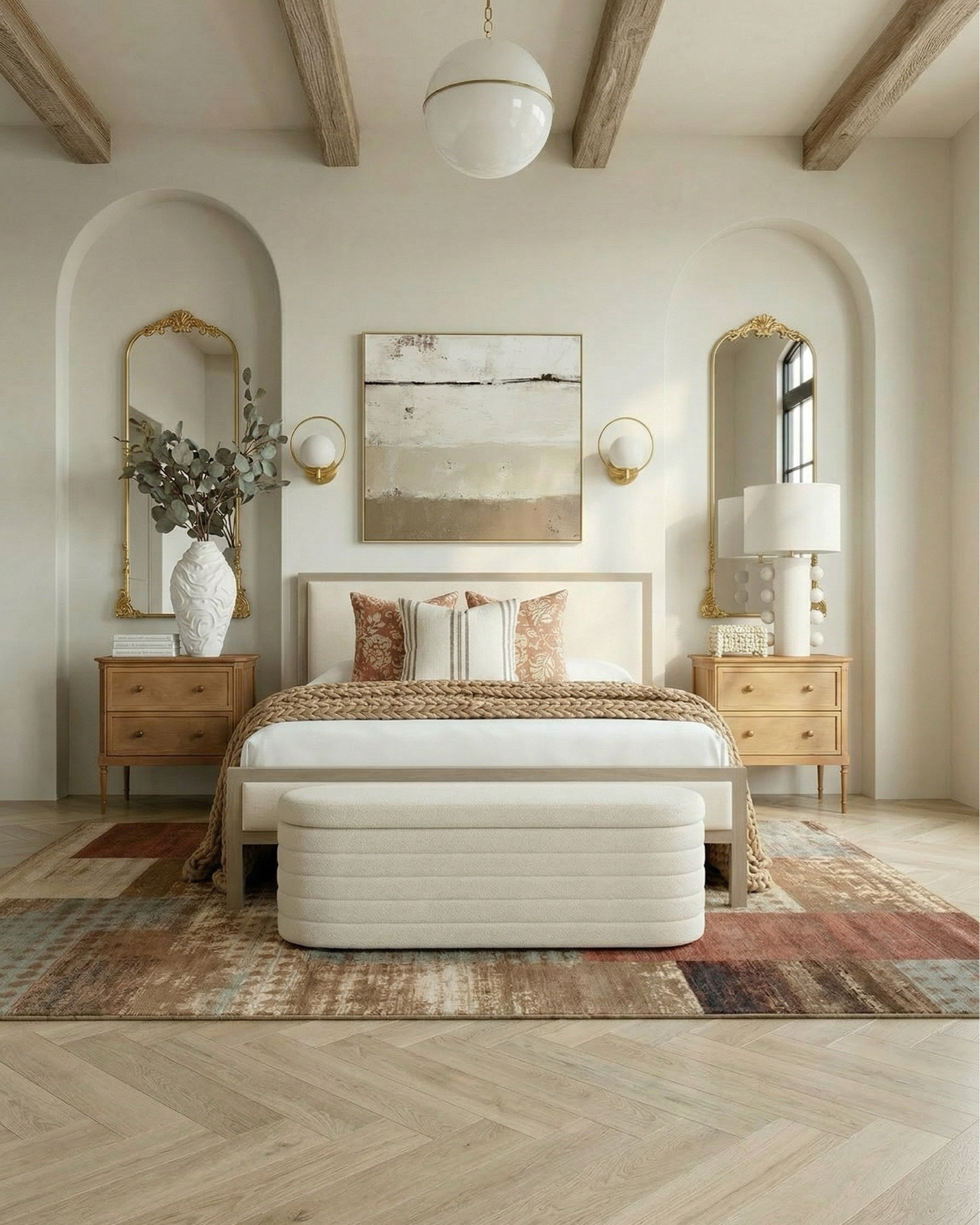Warm neutral bedroom details 
Light wood nightstands, upholstered cream bed frame, boucle end-of-bed bench, beige textured throw blanket, neutral patterned accent pillows, white and taupe bedding set, abstract neutral wall art, gold wall sconces, arched wall niches, gold framed mirrors, ceramic table lamp with white shade, matte white decorative vase, eucalyptus stems, light wood dresser, brass floor lamp, textured area rug in muted terracotta and blue tones, round fluted wood coffee table, boucle accent chair, small marble side table, stacked coffee table books, ceramic decor accents, wood ceiling beams, herringbone light oak flooring
Modern traditional bedroom, neutral color palette, organic modern decor, cozy minimalist bedroom, high-end bedroom styling, warm earthy tones, designer bedroom inspiration, symmetrical bedroom layout, soft luxury aesthetic, calming bedroom ideas
@Wayfair 


#LTKSaleAlert

#LTKsale #LTKhome