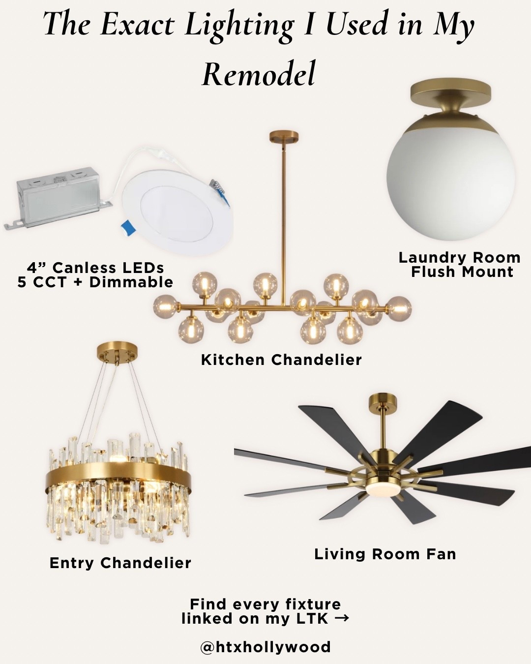 The exact lighting I used throughout my remodel is finally linked. ✨

From our 4” Halo canless recessed lights to the kitchen chandelier, entry fixture, and living room fan—every detail was chosen to create a warm, modern look.

We chose adjustable 5CCT recessed lights and set them to 2700K warm white throughout the house.

Shop every fixture here and follow along with Rebuild Series.

#LTKHome #LTKSeasonal #LTKmomlife
