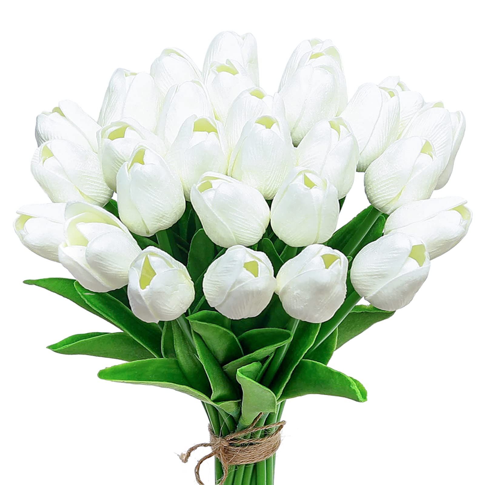 White Fake Tulips Artificial Flowers - 24 Pcs Artificial Silk White Tulips Faux Flowers with Stem... | Amazon (US)