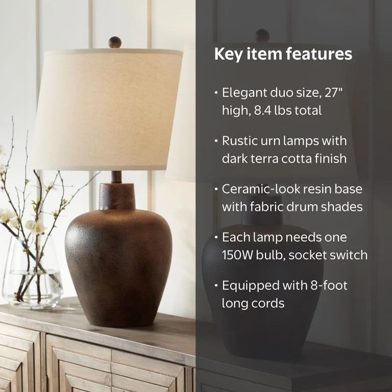 Regency Hill Glenn Rustic Farmhouse Table Lamps 27" Tall Set of 2 Dark Terra Cotta Tapered Fabric... | Walmart (US)