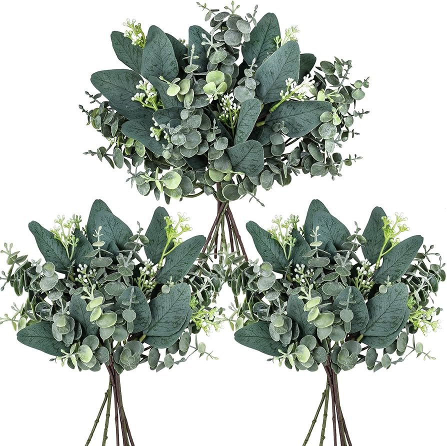Winlyn 20 Pcs Mixed Artificial Oval Eucalyptus Leaves Bulk with White Seeds Stems and Spray for V... | Amazon (US)