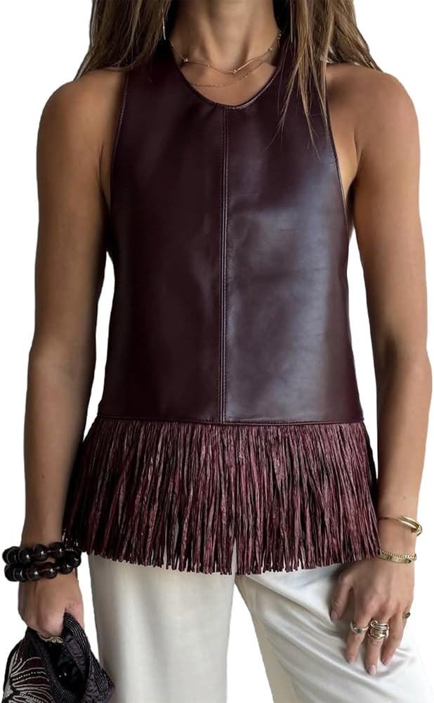 Faux Leather Top for Women Halter Backless Tops with Fringe Sexy Club Outfits | Amazon (US)