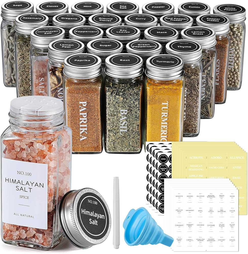 NETANY 25 Pcs Spice Jars with Labels and Shaker Lids - Minimalist Stickers, Collapsible Funnel, 4... | Amazon (US)