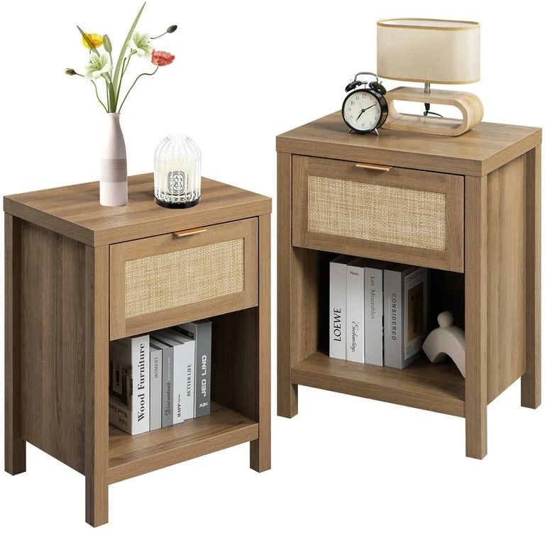 Omni House Rattan Nightstand Set of 2,Farmhouse Bedside Table with Drawer and Storage Shelf - Boh... | Walmart (US)