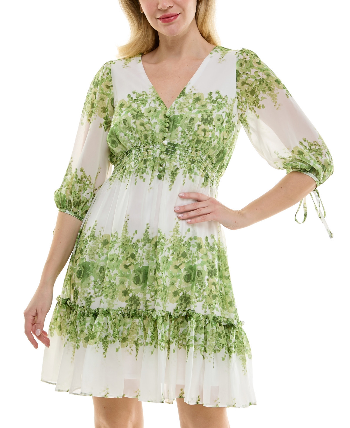 Taylor Women's Floral-Print Tie-Cuff Ruffled-Hem Dress - Ivory Broccoli | Macy's