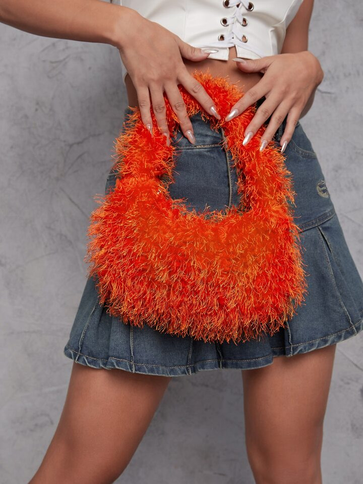 Fuzzy, Soft, Plush Neon Orange Minimalist Fluffy Bag For Girls, Women, College Students, Rookies ... | SHEIN