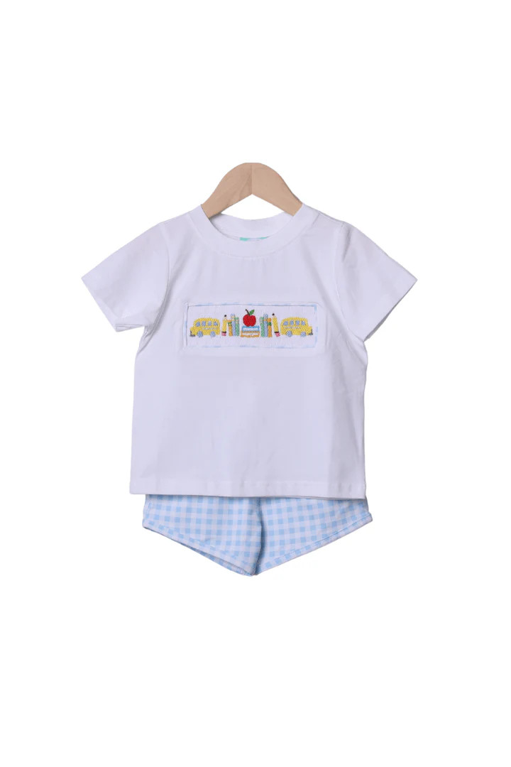 Smocked Back To School Blue Gingham Short Set | The Smocked Flamingo