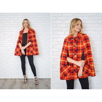 Vintage 70S Pendleton Cape Jacket Coat Wool Plaid Bright Red Orange Stripe S M L | Etsy (US)