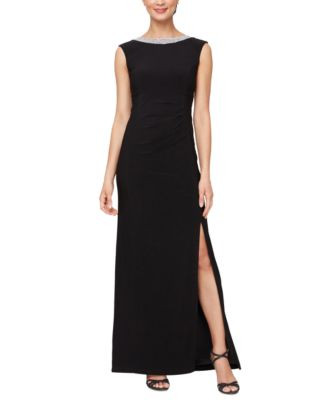 Alex Evenings Women's Embellished-Neck Side-Slit Gown - Black | Macy's