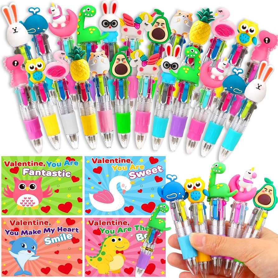 Valentines Day Gifts for Kids - 24 Pack Multicolor Cute Pens with Valentine Day Cards for Kids Cl... | Amazon (US)