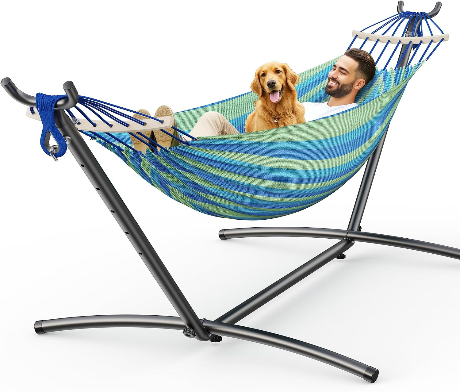 ANAGOO 2 Person Hammock with Stand, 500 lb Indoor Outdoor, Wide Blue | Amazon (US)
