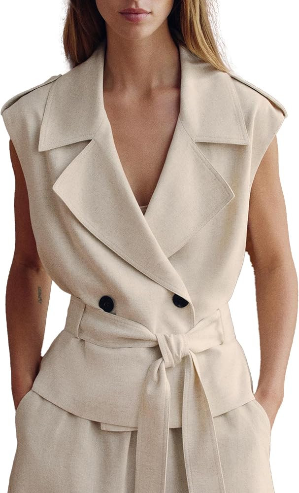 Womens Linen Tank Top Lapel Collar Sleeveless Double Breasted Belted Waist Tops Lightweight Soft ... | Amazon (US)