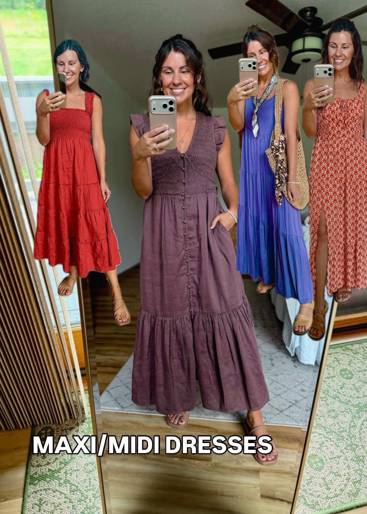 Red dress: xs
Brown dress: xs
Purple/blue dress: small
Orange printed dress: small

#LTKSeasonal #LTKPetite #LTKootd
