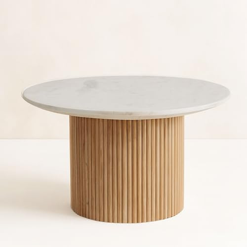 Marble & Wood Reeded Round Coffee Table – Marble Top Modern Coffee Table with Mango Wood Base – Home Decor Accent for Office & Living Room – 34"x18", Brown | Amazon (US)