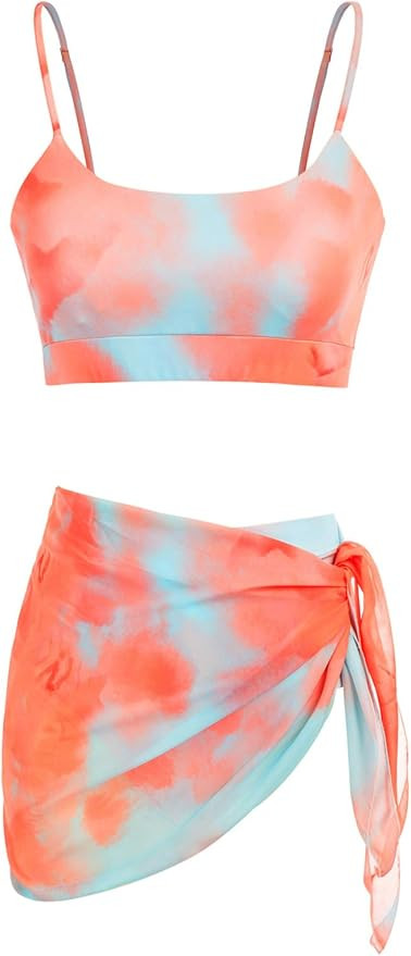 Kate Kasin Women Tie Dye Bikini Set Scoop Neck 3 Piece Swimsuits with Short Sarong | Amazon (US)