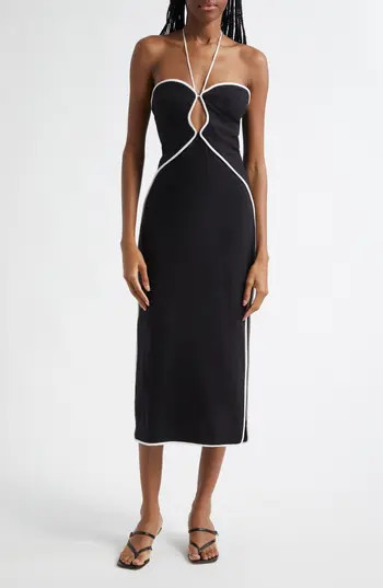 FARM Rio Contrast Detail Center Cutout Linen Blend Midi Dress in Black And White at Nordstrom Rack, Size Small | Nordstrom Rack