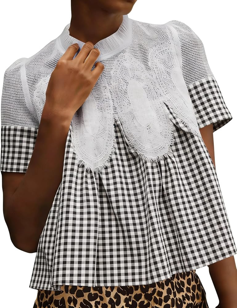 Gozoloma Women's Plaid Lace Short Sleeve Blouse Poplin Mesh Crew Neck Swing Babydoll Tops Casual ... | Amazon (US)