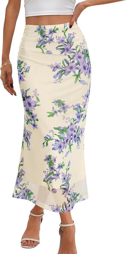 MEROKEETY Women's Summer Floral Mesh Midi Skirt 2026 Casual Trendy High Waist Ruched Boho Skirts | Amazon (US)