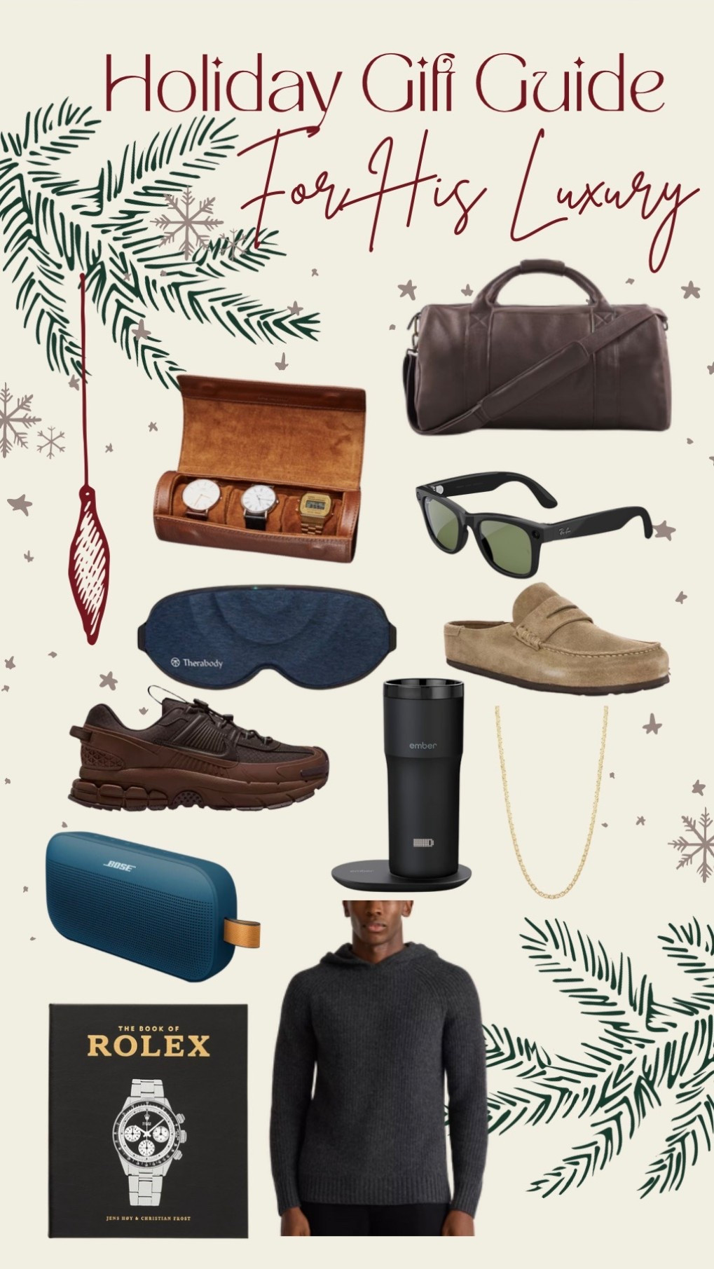 Holiday gift guide for him the luxury edition! 

Leather duffle bag, leather travel watch case, meta raybans, Thera body smart sleep mask, Birkenstocks, Nike sneakers, temperature controller travel coffee mug, gold necklace, Bose sneaker, Rolex hardcover table book, cashmere hooded sweater 

Gift guide | Christmas gifts | men’s gift | holiday guide | gifts for him 
Follow @mimipluswill for more! 

#LTKGiftGuide #LTKMens #LTKHoliday