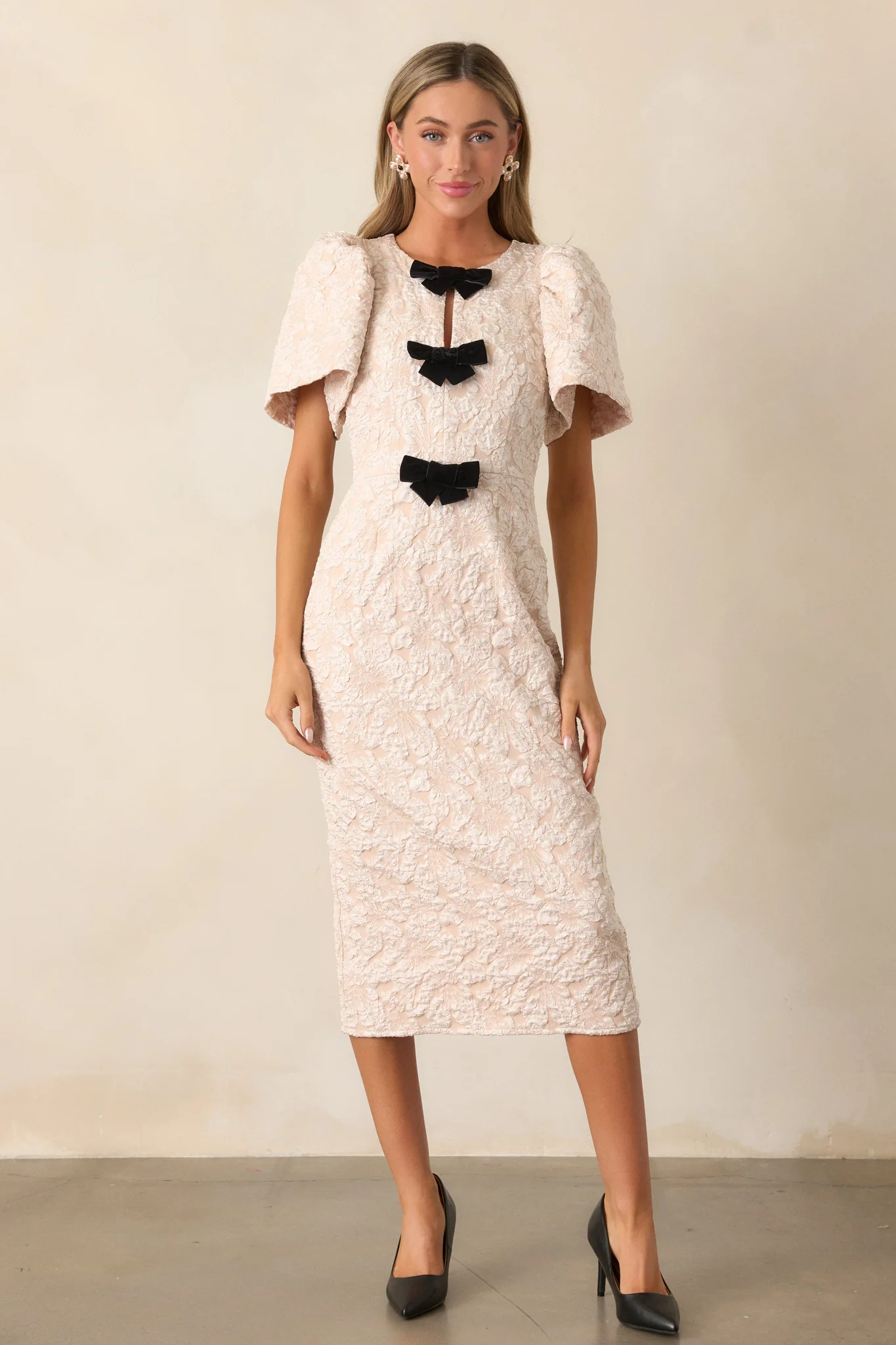 Simple Times Ecru Jacquard Midi Dress | Red Dress