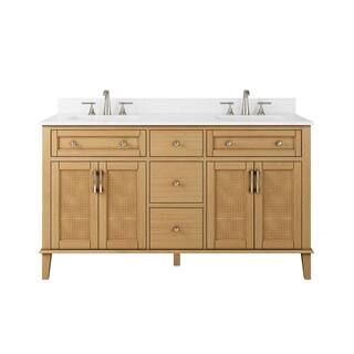60in. W x 22 in. D x 34.5 in. H Double Vanity in Natural Oak with Engineered Carrara Marble Top a... | The Home Depot